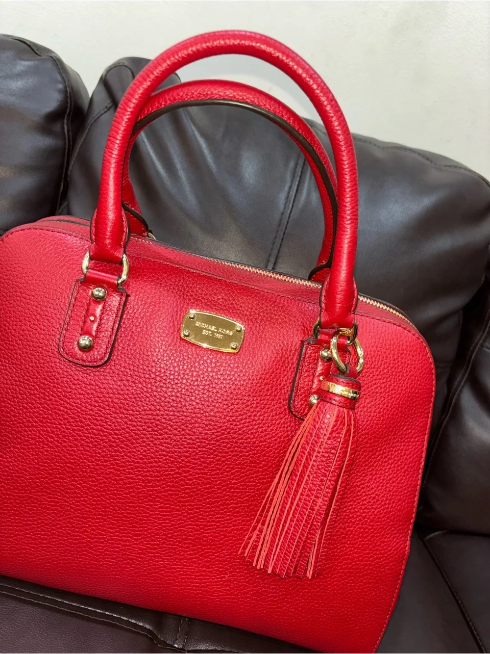 NWT Michael Kors Red Sandrine Pebbled Leather Satchel Handbag with Tassel $398